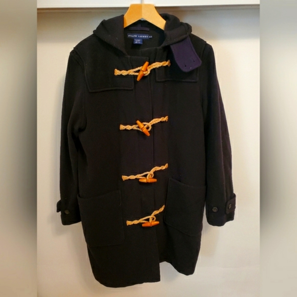 Ralph Lauren Hooded Double-faced Wool Duffel Coat. Blue/black. Women size M.
